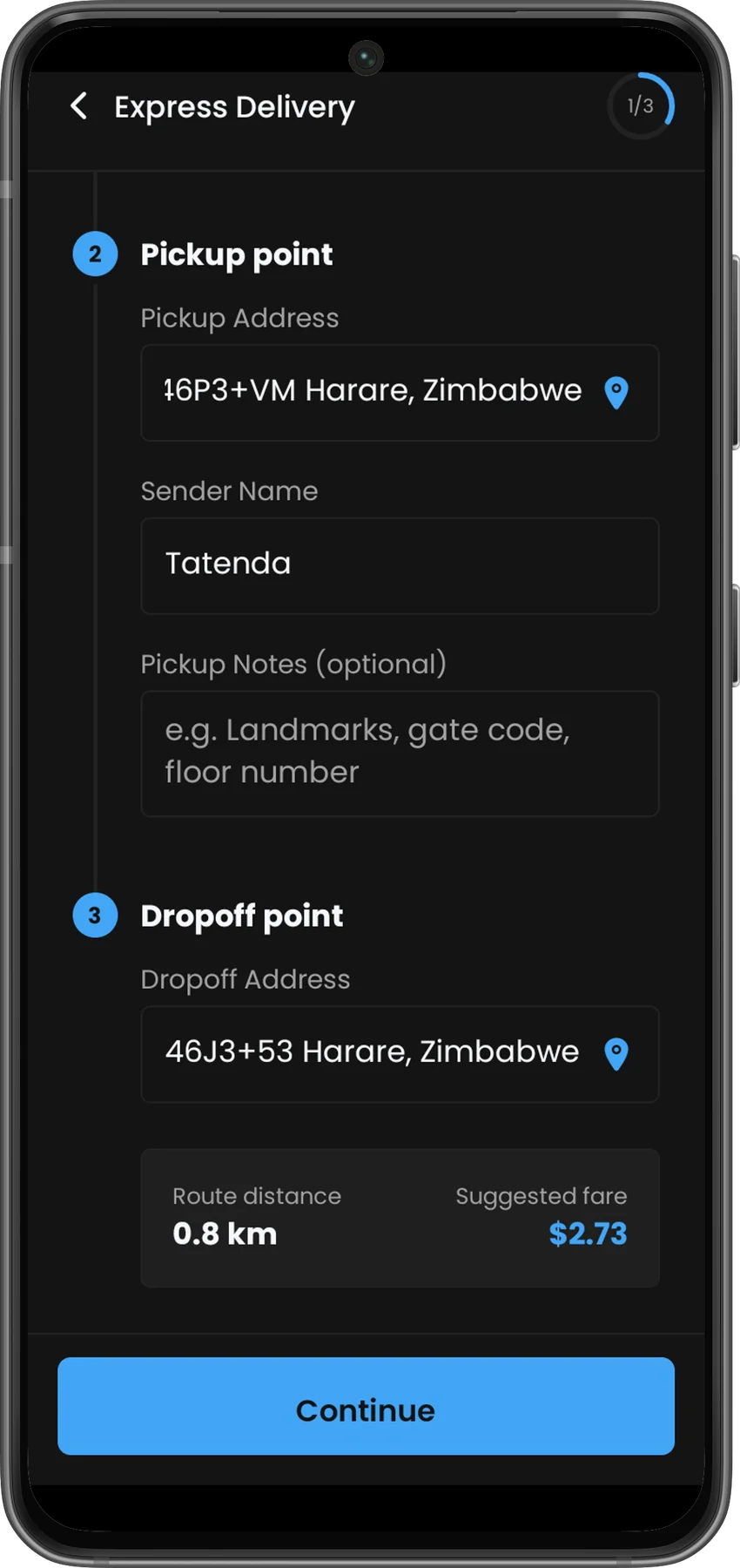 The Sell’N Send app on the express delivery booking screen, showing route distance and the fare